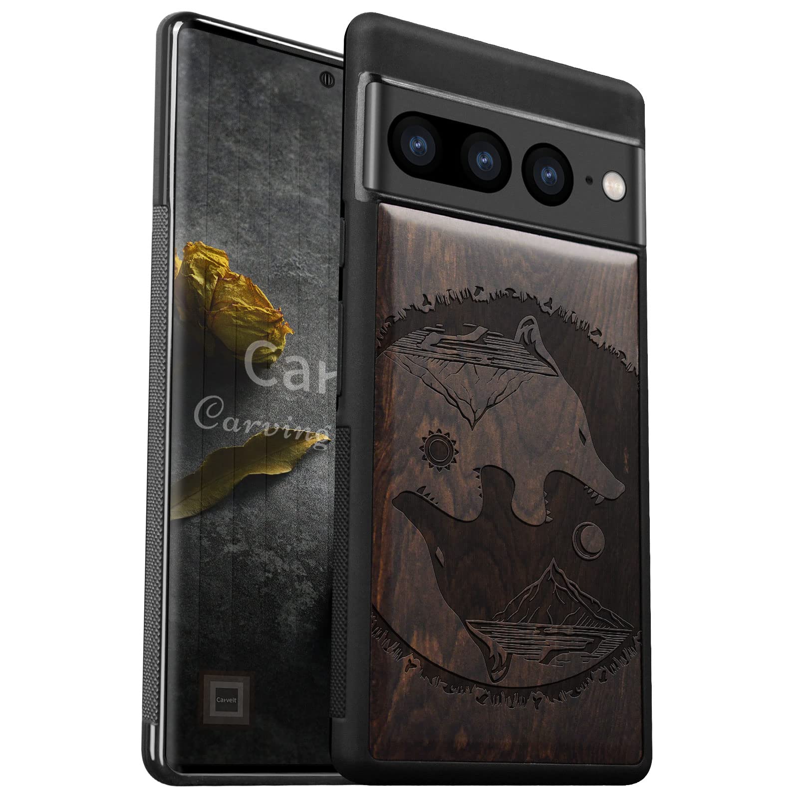 Google Pixel 7Pro 天然木　ウッドカバー　彫刻 オオカミ Google Pixel 7Pro 天然木 ウッドカバー 彫刻 オオカミ